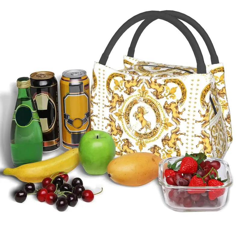 Golden Horses Floral Print Lunch Bag Thermal Insulated Box Work Picnic Tote
