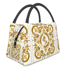 Golden Horses Floral Print Lunch Bag Thermal Insulated Box Work Picnic Tote