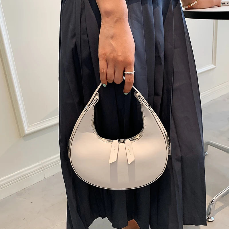 Vintage Leather Clutches Bag Armpit Shoulder Half Moon Handle Bag