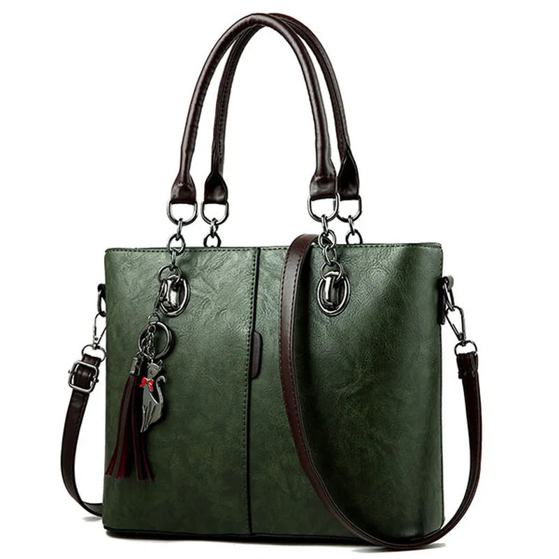 Solid Leather Tassel Crossbody Shoulder Bag for Women