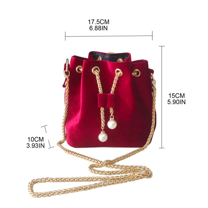 Velvet Shoulder Bag Metal Chain Crossbody Bags Large Capacity Bucket Pouch