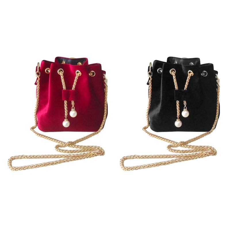 Velvet Shoulder Bag Metal Chain Crossbody Bags Large Capacity Bucket Pouch