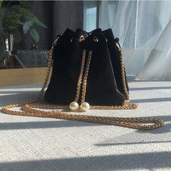 Velvet Shoulder Bag Metal Chain Crossbody Bags Large Capacity Bucket Pouch