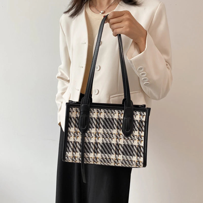 Women Summer Leather Plaid Totes Shoulder Bags Top-handle Bags