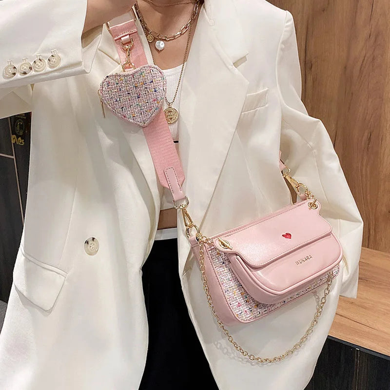 Heart Bag Women 3pcs Set Handbag Shoulder Bag Chain Wide Strap Messenger Bags