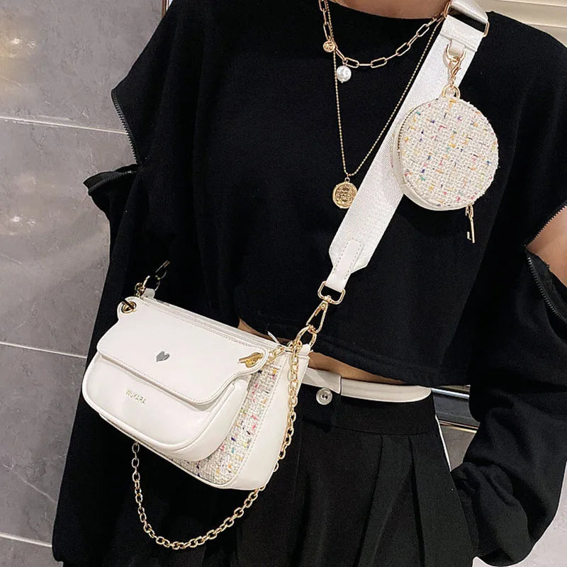 Heart Bag Women 3pcs Set Handbag Shoulder Bag Chain Wide Strap Messenger Bags