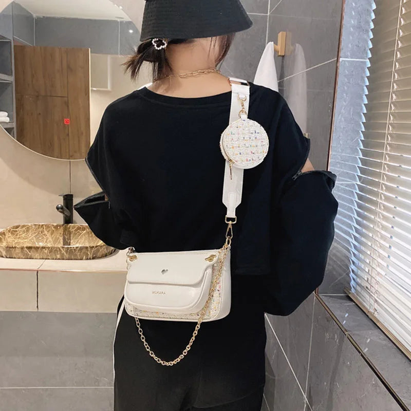 Heart Bag Women 3pcs Set Handbag Shoulder Bag Chain Wide Strap Messenger Bags