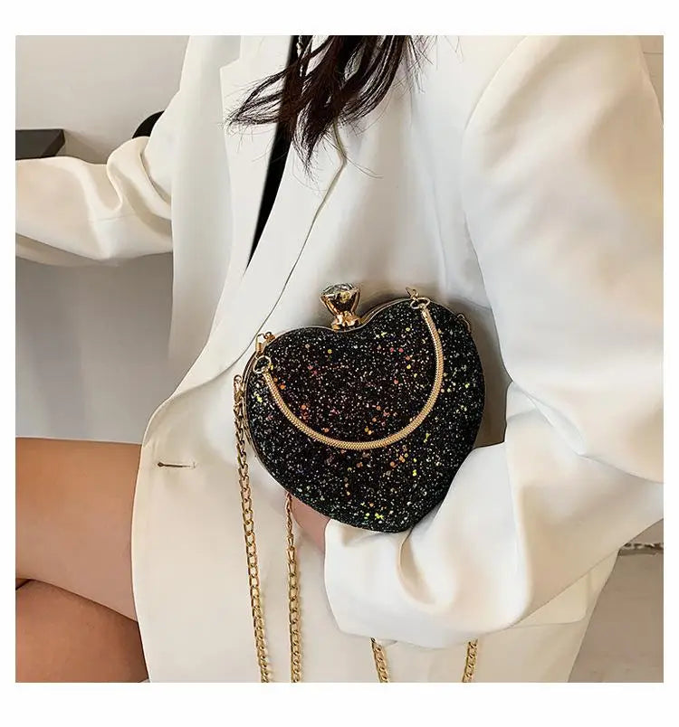 Heart Shape Evening Clutch Bag Sequin Women Mini Party Purses Chain Bag