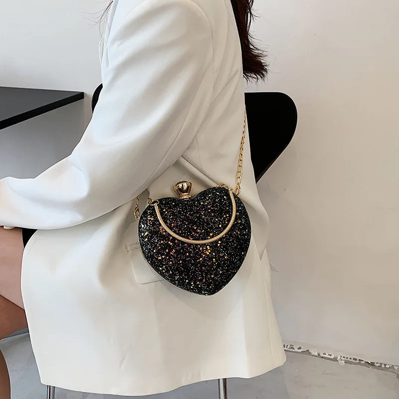 Heart Shape Evening Clutch Bag Sequin Women Mini Party Purses Chain Bag