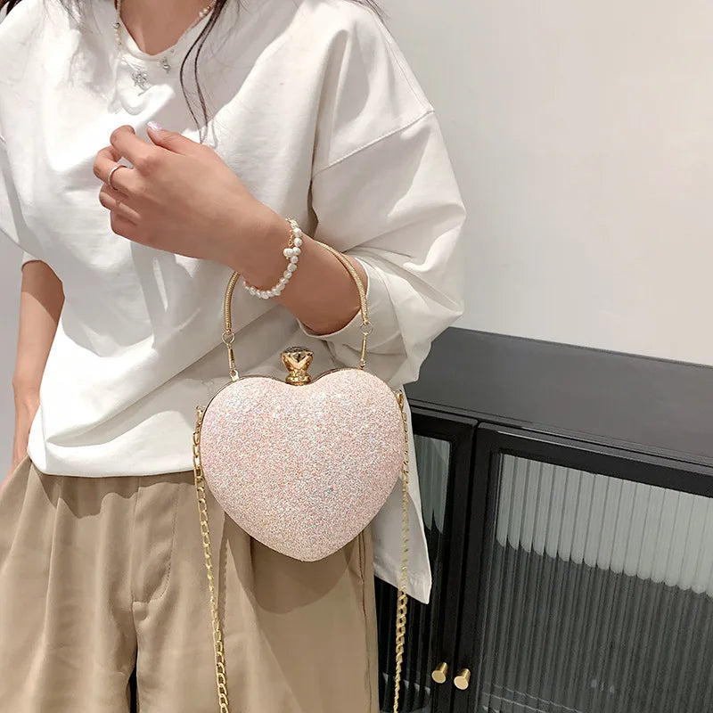 Heart Shape Evening Clutch Bag Sequin Women Mini Party Purses Chain Bag