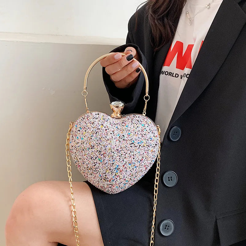 Heart Shape Evening Clutch Bag Sequin Women Mini Party Purses Chain Bag