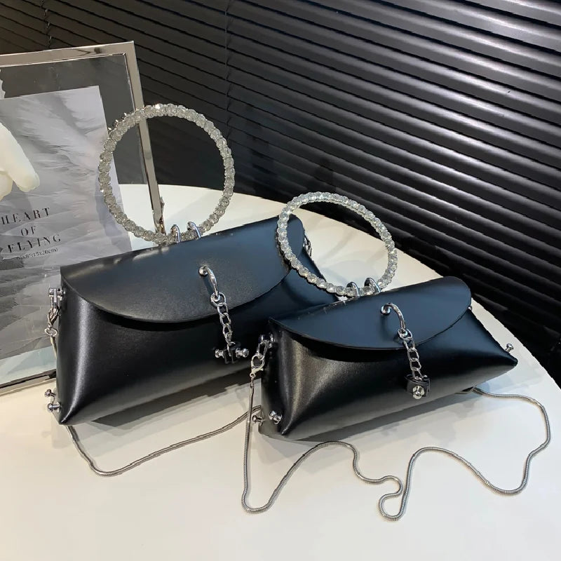 Rhinestone Ring Chain Shoulder Bag for Women Small Crossbody Bag