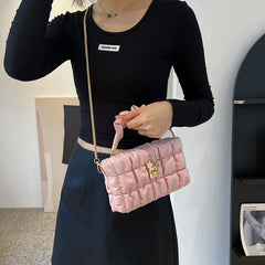 Puff Leather Lock Crossbody Bag Ruched Handle Shoulder Bag