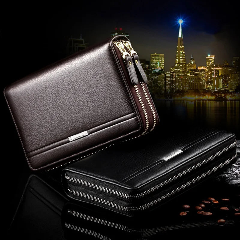 Men Double Zipper Leather Clutch Wallet Business Gift