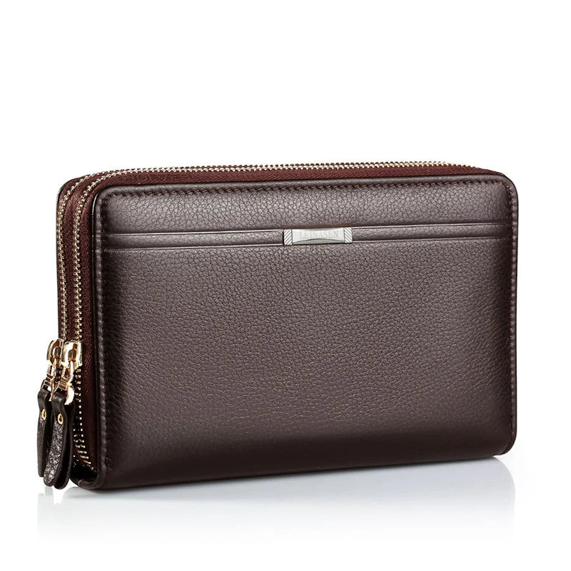 Men Double Zipper Leather Clutch Wallet Business Gift