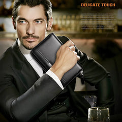 Men Double Zipper Leather Clutch Wallet Business Gift
