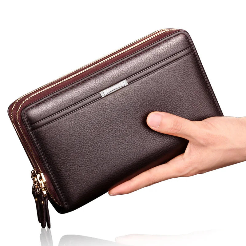 Men Double Zipper Leather Clutch Wallet Business Gift