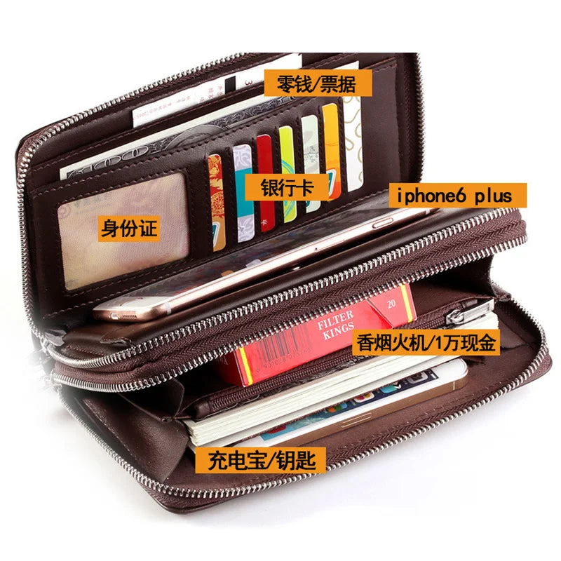 Men Double Zipper Leather Clutch Wallet Business Gift