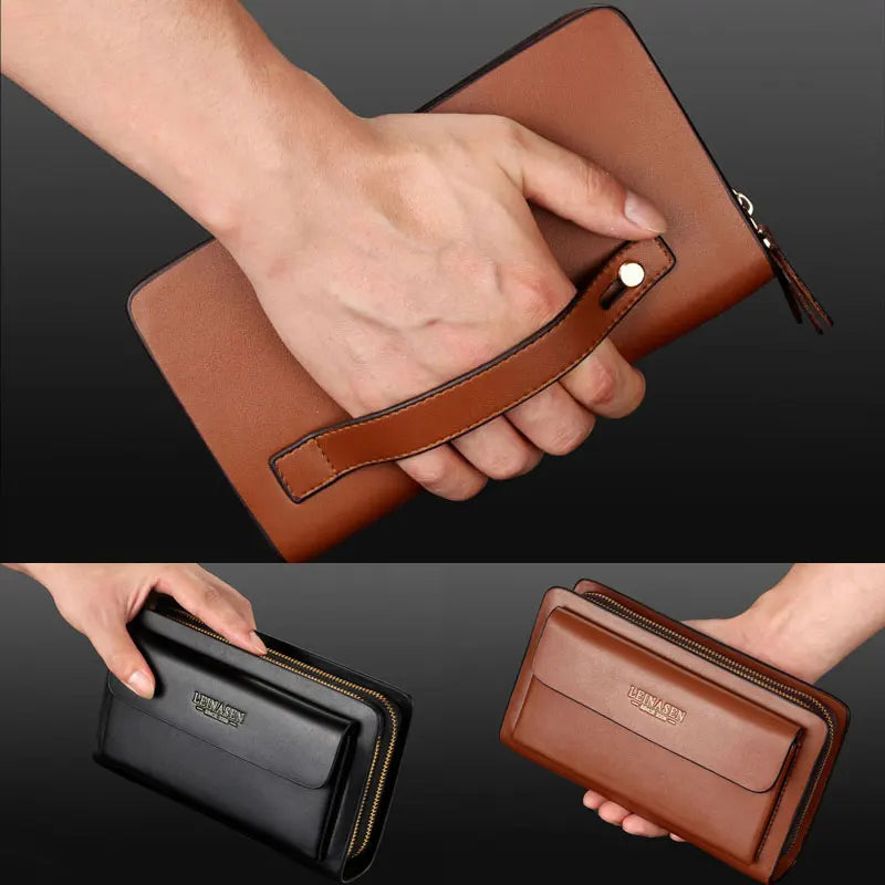 Men's Long Wallet Organizer PU Leather Double Zip Money Pocket Clutch Bag
