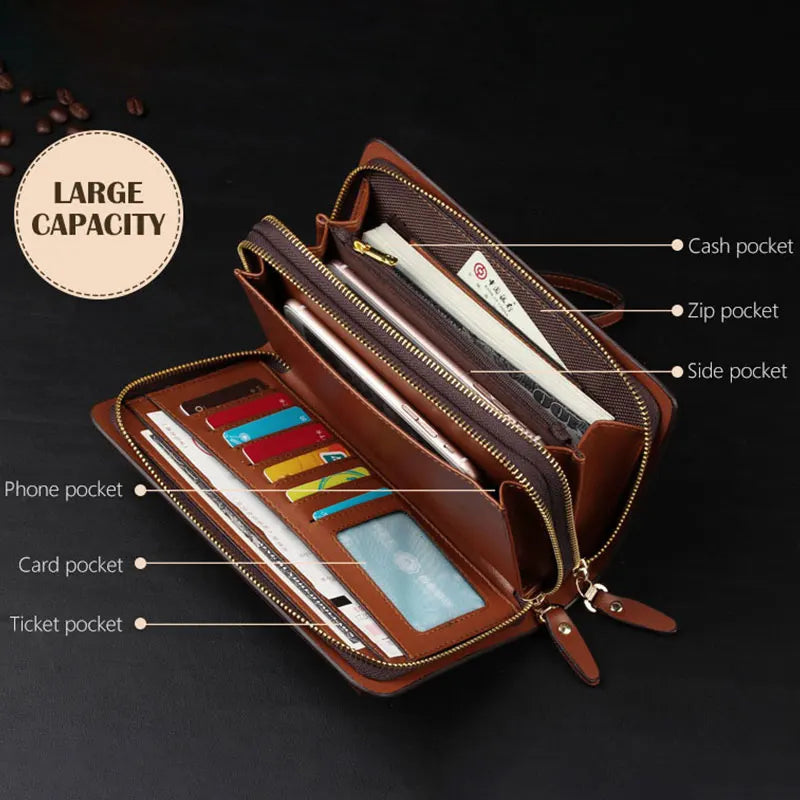 Men's Long Wallet Organizer PU Leather Double Zip Money Pocket Clutch Bag