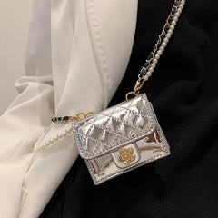 Patent Leather Neck Bag Camellia Rhombus Pearls Chest Waist Pack