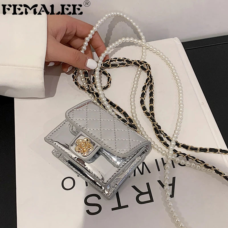 Patent Leather Neck Bag Camellia Rhombus Pearls Chest Waist Pack