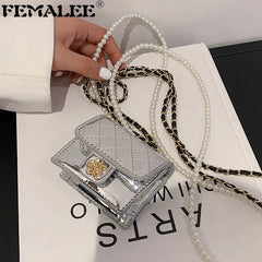 Patent Leather Neck Bag Camellia Rhombus Pearls Chest Waist Pack