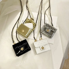 Patent Leather Neck Bag Camellia Rhombus Pearls Chest Waist Pack