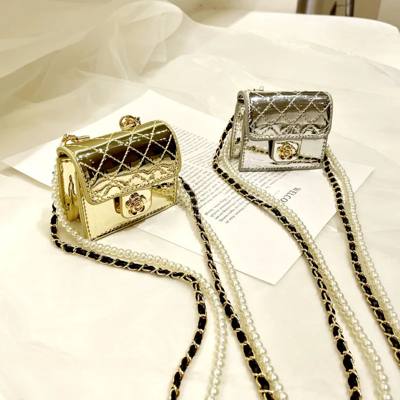 Patent Leather Neck Bag Camellia Rhombus Pearls Chest Waist Pack