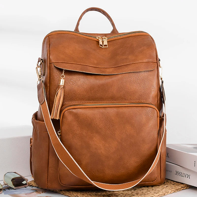 Vintage PU Leather Backpack Women Shoulder Bag High Capacity Travel School Bags