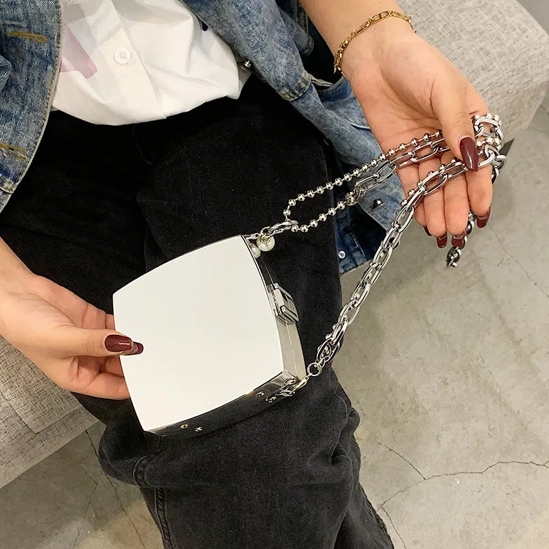 Silver Metal Box Bag Chain Purse Evening Clutch Crossbody Mini Bag