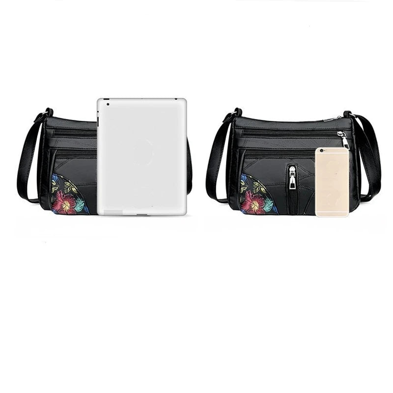Soft Leather Women Messenger Shoulder Handbags And Purses Flowers Multi-pocket C