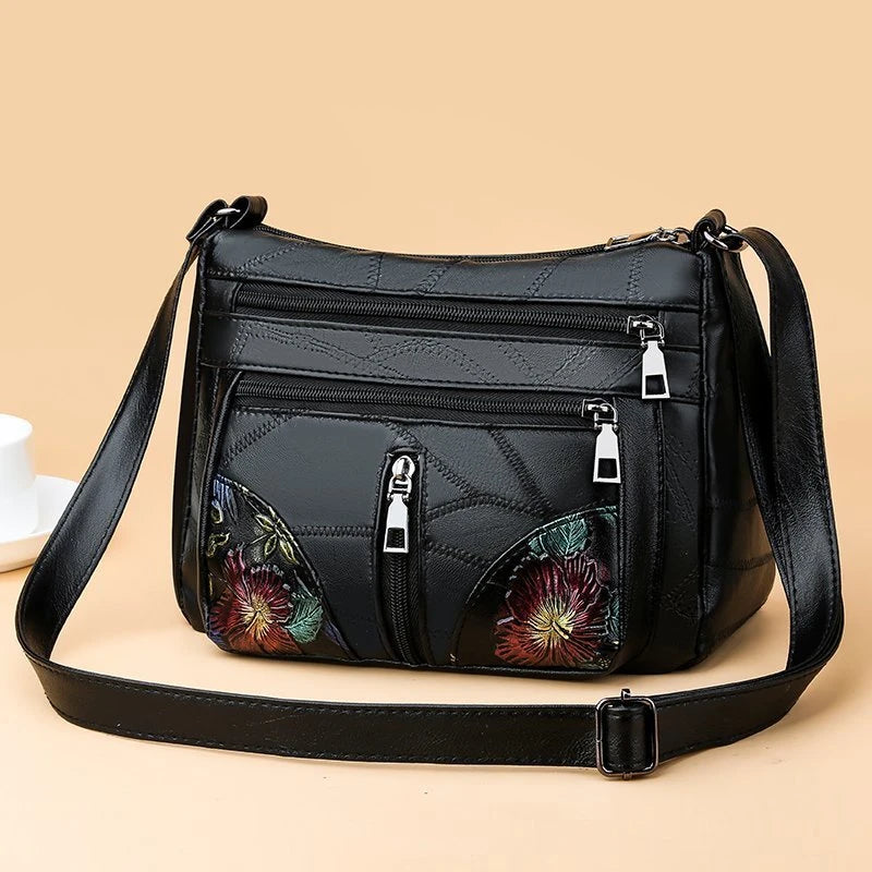 Soft Leather Women Messenger Shoulder Handbags And Purses Flowers Multi-pocket C