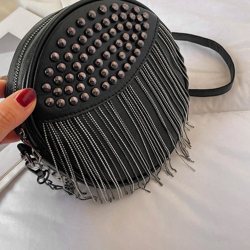 Small Round Rivet Tote Handbag with Chain Shoulder Strap