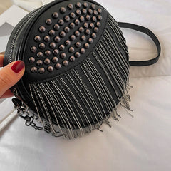 Small Round Rivet Tote Handbag with Chain Shoulder Strap