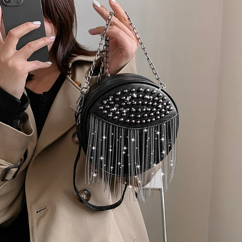 Small Round Rivet Tote Handbag with Chain Shoulder Strap