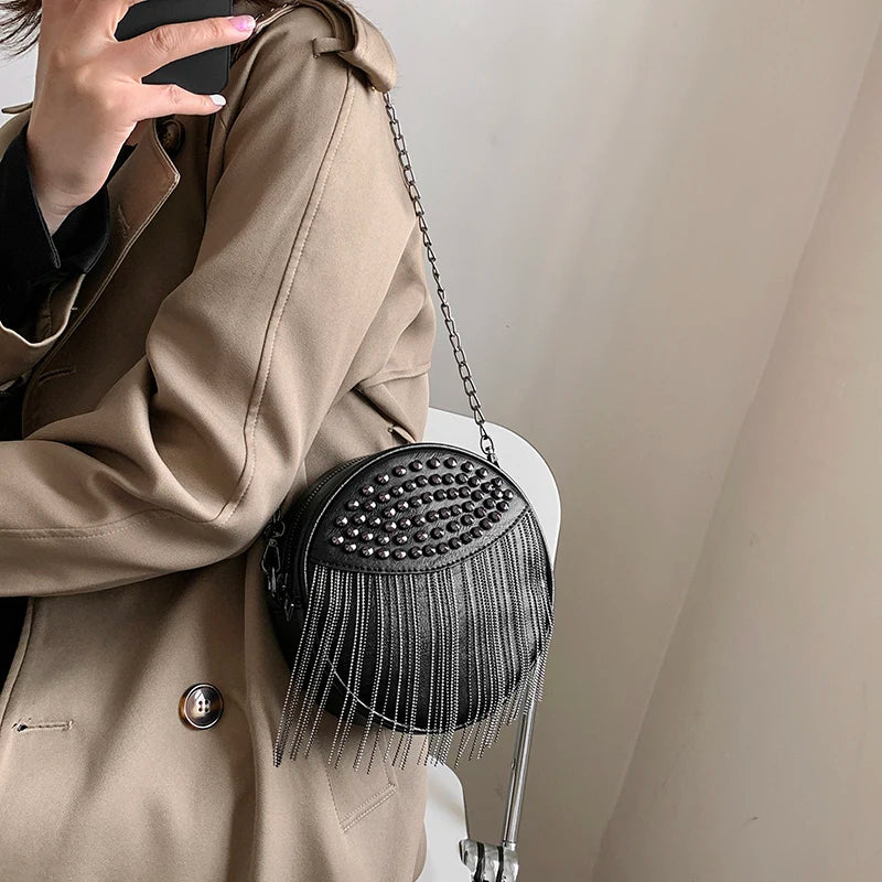 Small Round Rivet Tote Handbag with Chain Shoulder Strap
