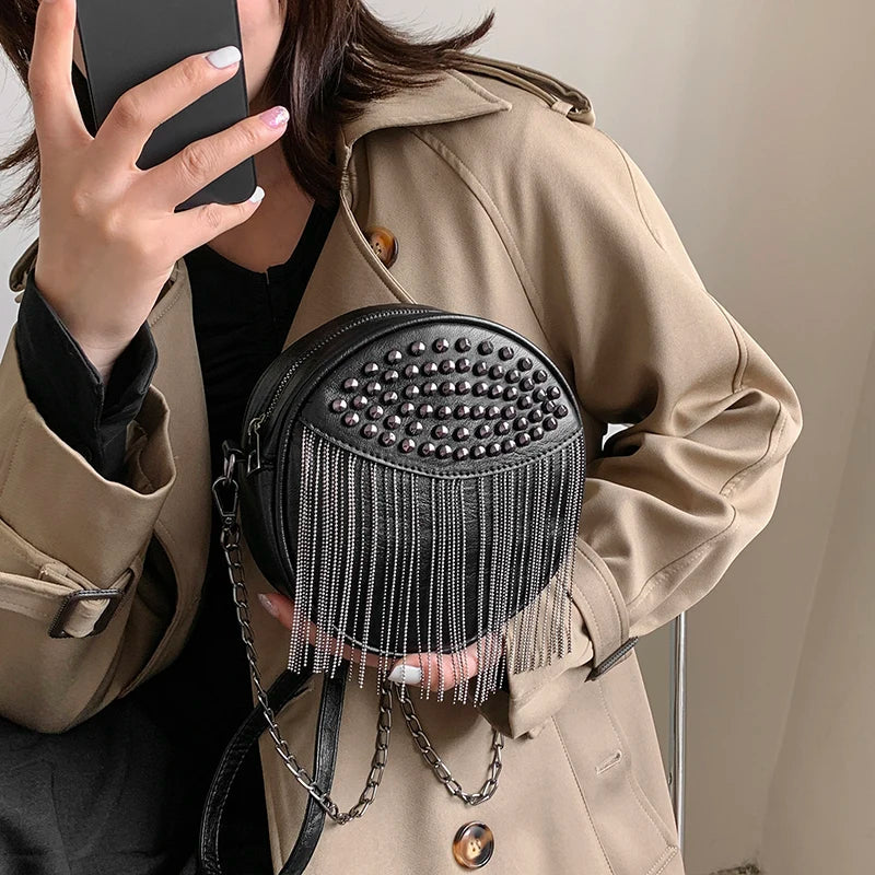 Small Round Rivet Tote Handbag with Chain Shoulder Strap
