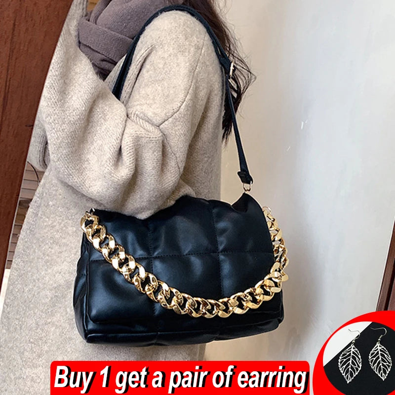 Quilted Space Cotton Shoulder Bag with Thick Chains