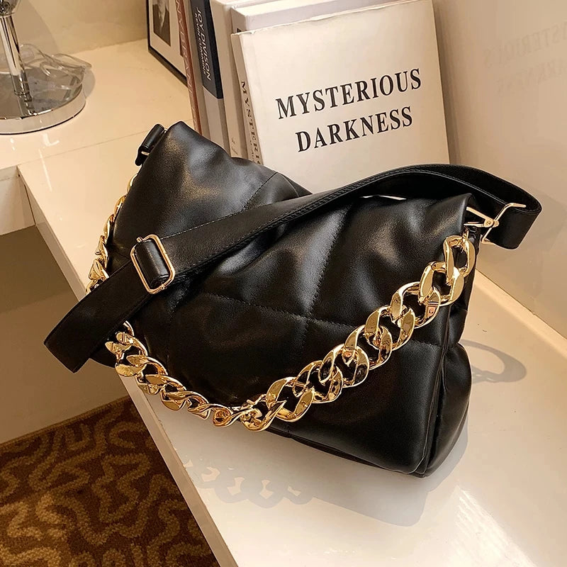 Quilted Space Cotton Shoulder Bag with Thick Chains