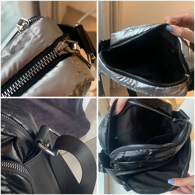 Winter Down Bag Crossbody Handbag with Wide Shoulder Strap