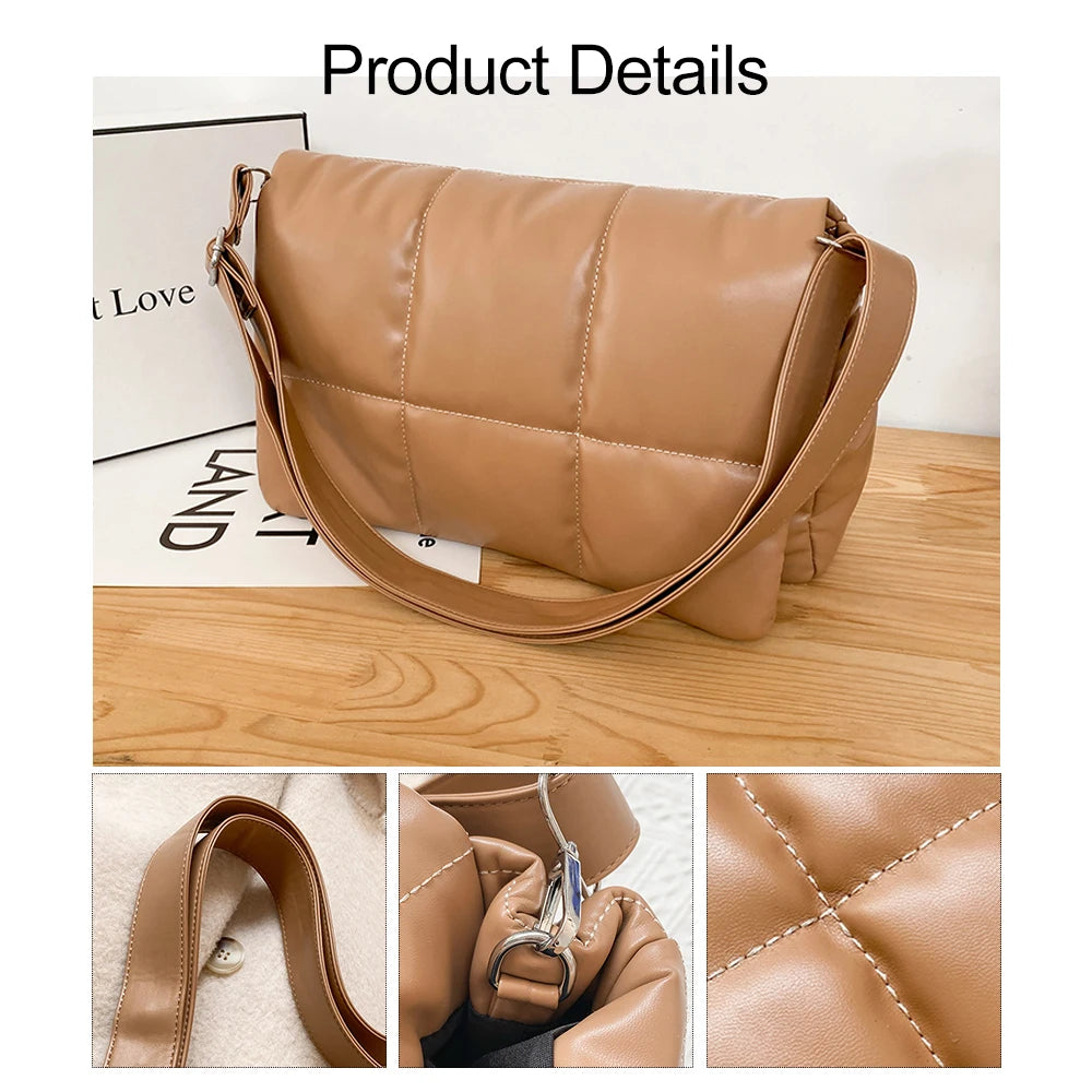Quilted Nylon Shoulder Bag for Women with Fluffy Weave - Space Pad Design