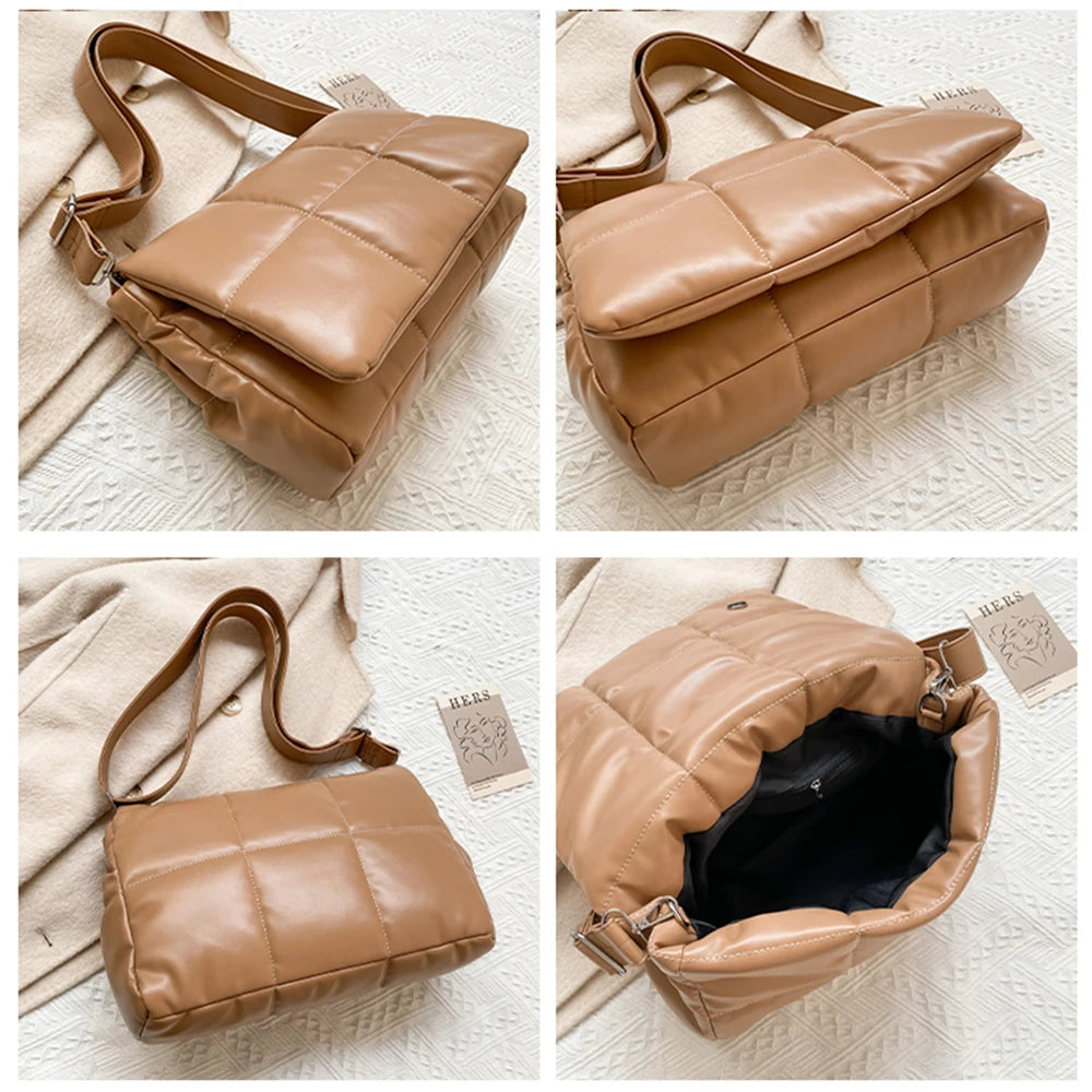 Quilted Nylon Shoulder Bag for Women with Fluffy Weave - Space Pad Design