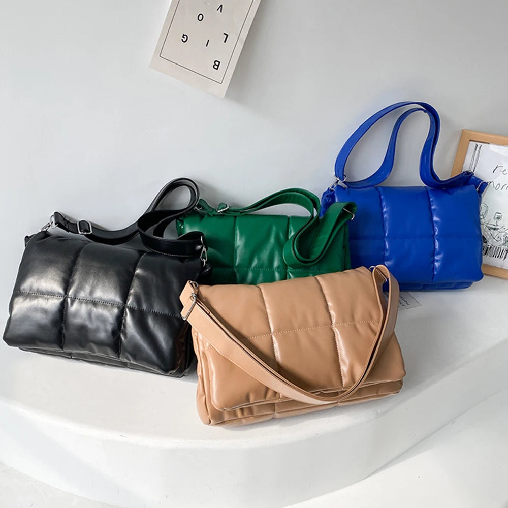 Quilted Nylon Shoulder Bag for Women with Fluffy Weave - Space Pad Design