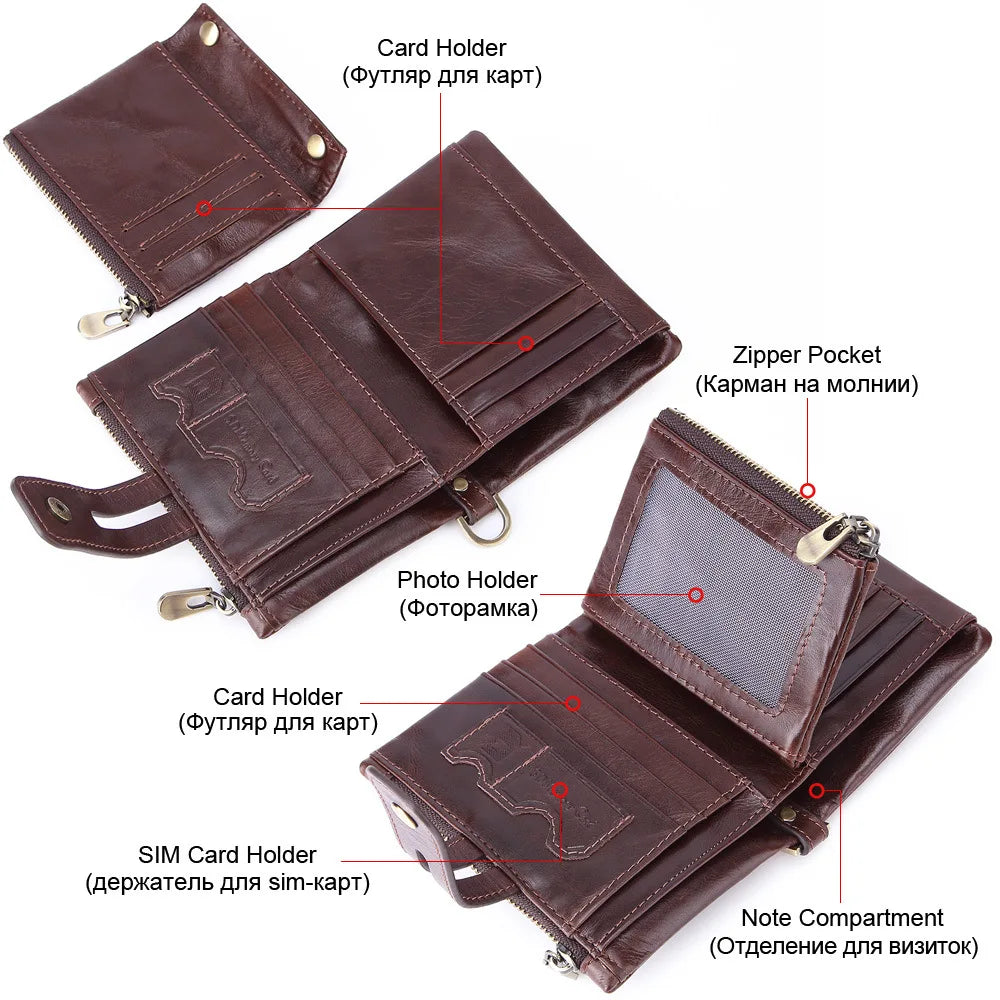 Vintage Casual Real Cowhide Leather Men Short Bifold Wallet