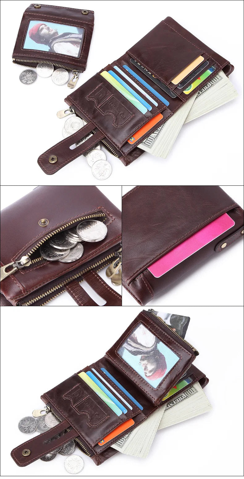 Vintage Casual Real Cowhide Leather Men Short Bifold Wallet