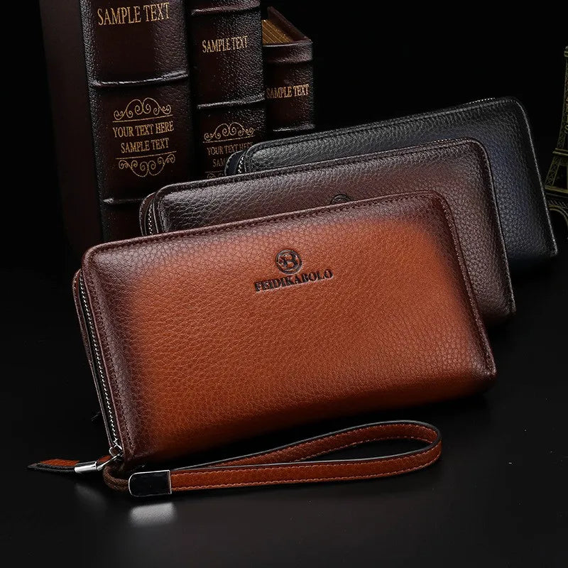 Men's Leather Zipper Long Purse Organizer Purses High Lychee Pattern Clutch Bag