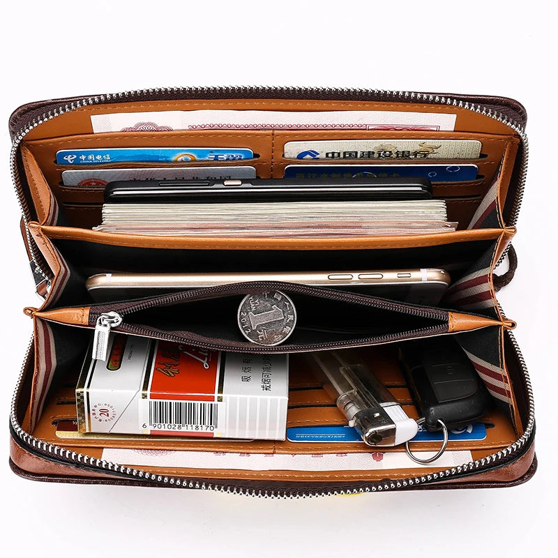Men's Leather Zipper Long Purse Organizer Purses High Lychee Pattern Clutch Bag