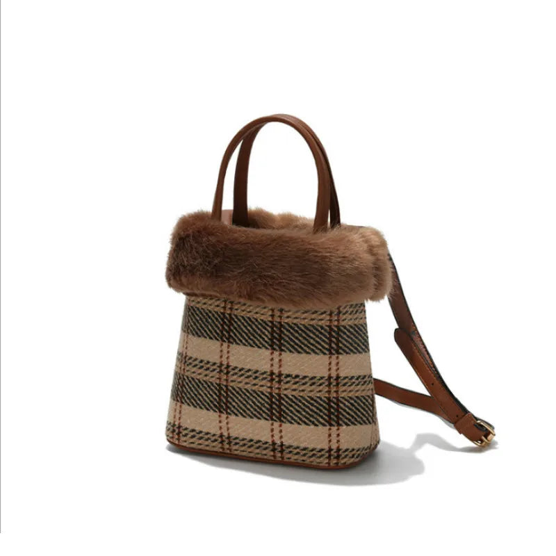 Winter Warm Plaid Fur Tote Shoulder Bag