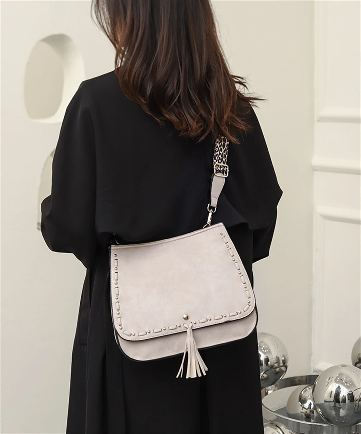 Women Bag PU Leather Tassel Crossbody Bag with Leopard Strap